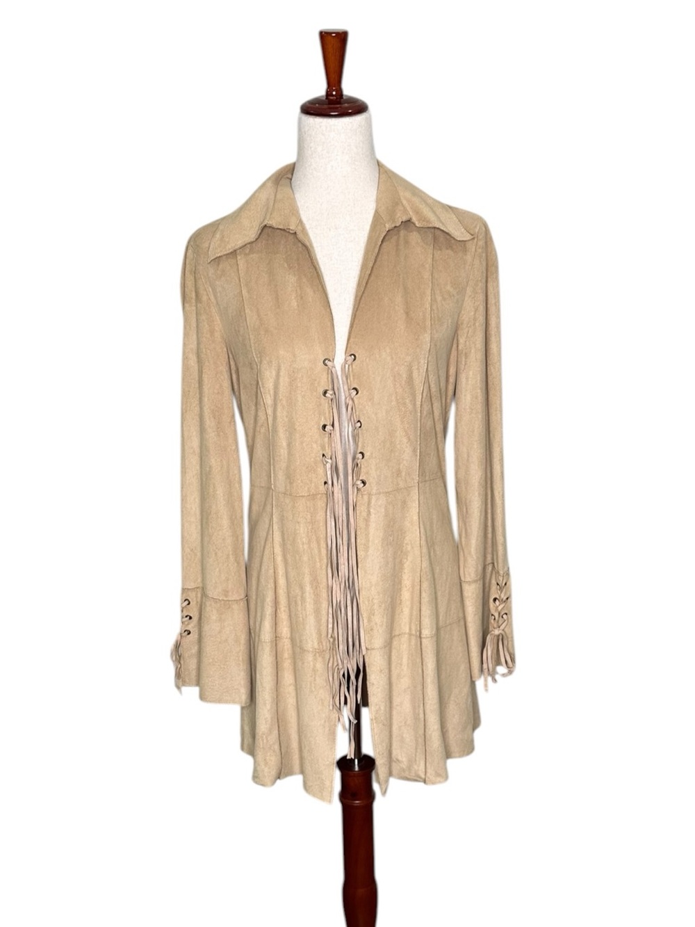 Le Group Made in Italy Fringed Lace-Up Suede Coatigan in Beige. Boho. Western
